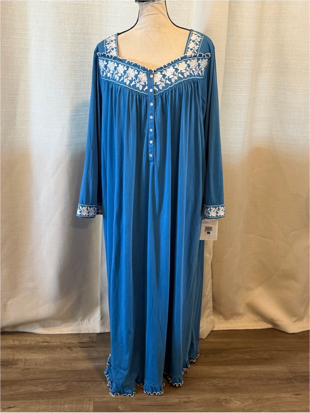 Eileen West Modal Ruffle Floral Embroidered Nightgown Teal White Sz XL NWT